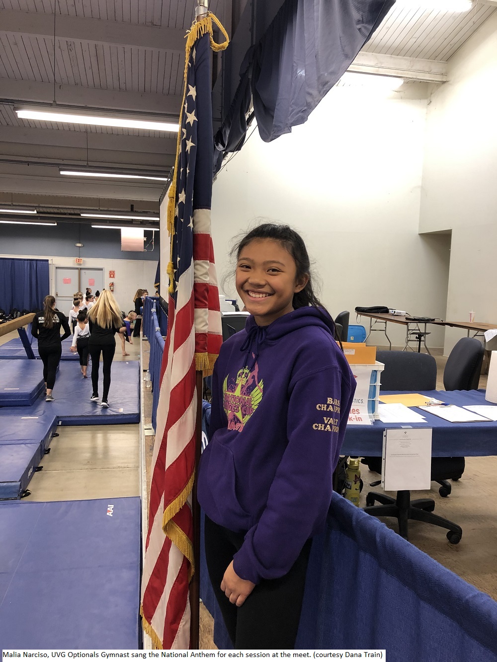 191109 Malia Narciso UVG Optionals Gymnast sang the National Anthem for each session at the meet