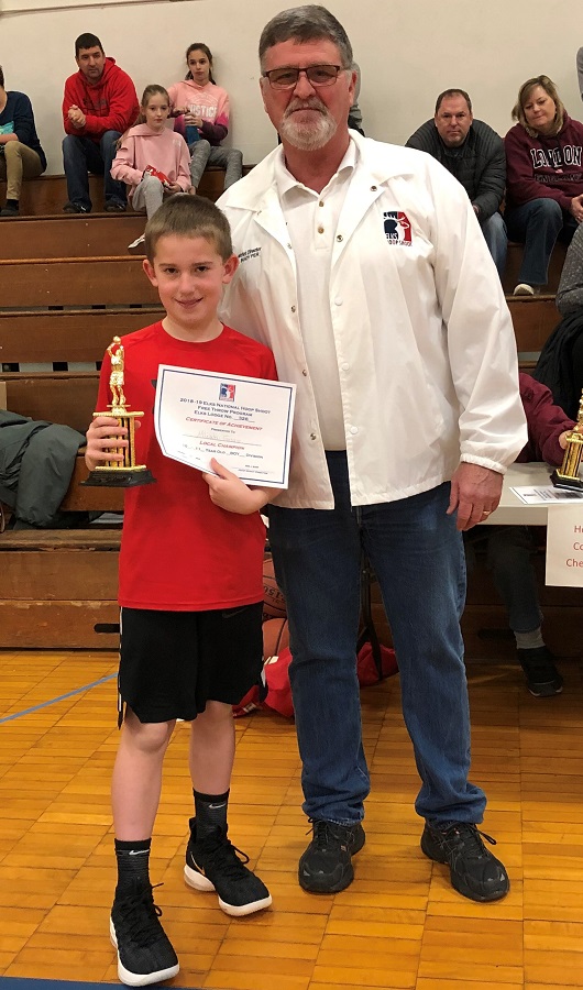 190112 Hoop Shoot 3 Micah Fusco of Geneva Academy 10 11 with Hoop Shoot Director Joel Buoy