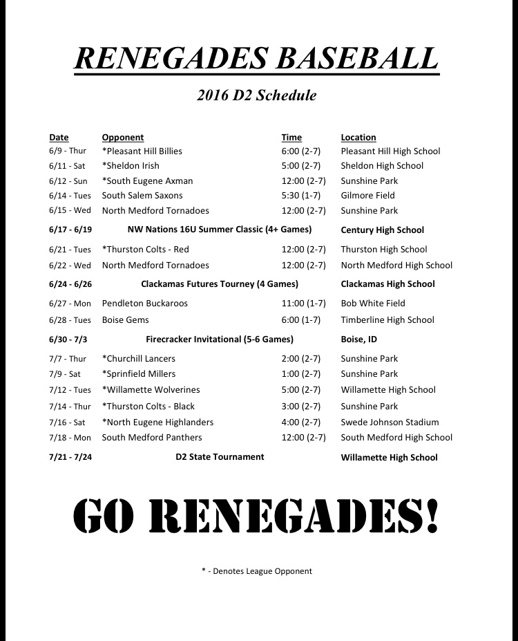160605 Renegades Schedule